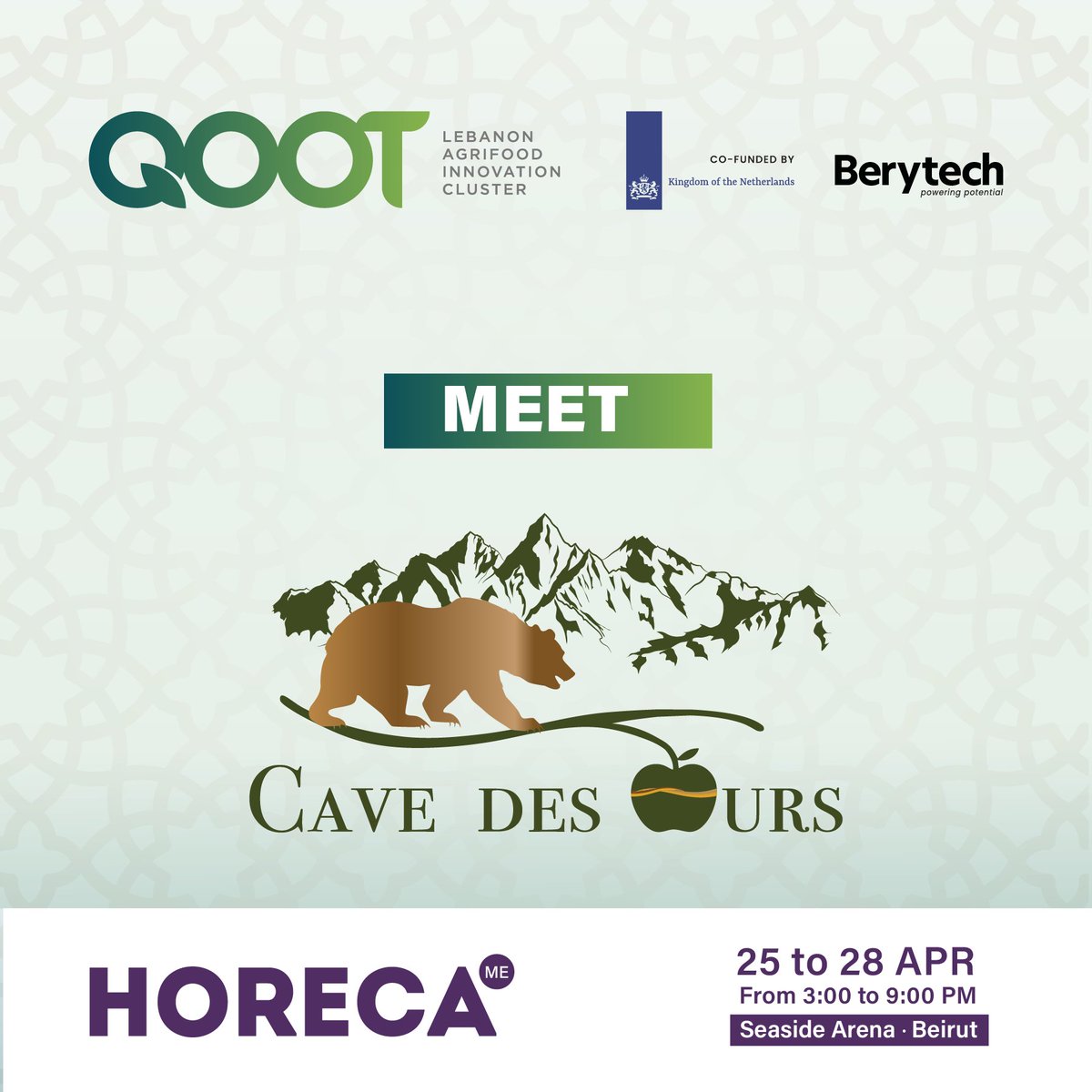 Discover the innovative products of Cave Des Ours, member of the QOOT cluster showcasing at the HORECA exhibition. 
Check out QOOT’s booth on April 25 – 28 from 3 to 9 pm at the Seaside Arena, Beirut.

qoot.org/qoot-cluster-s…

@HorecaConnects #HORECALebanon #QOOTinHORECA