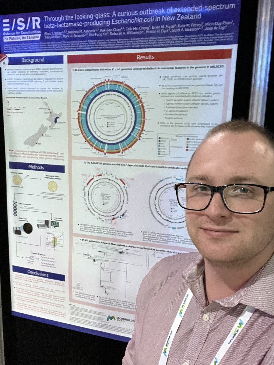 Second poster (P647) is up! Presenting a genomic investigation into an outbreak of #ESBL-producing Escherichia coli in Aotearoa New Zealand at #Microbio23! 

Come see poster P647 tonight to learn more <a href="/MicrobioSoc/">Microbiology Society</a> <a href="/nanopore/">Oxford Nanopore</a>

👉You can view the poster at dx.doi.org/10.13140/RG.2.…