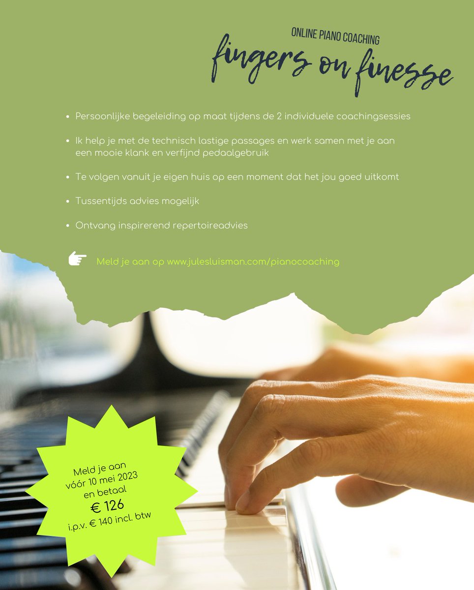 JulesLuisman's tweet photo. Speel jij #piano en kun je hulp gebruiken bij dat ene stuk dat je zo graag speelt? Mis je de finesse in je spel? Dan is 𝘍𝘪𝘯𝘨𝘦𝘳𝘴 𝘰𝘯 𝘍𝘪𝘯𝘦𝘴𝘴𝘦 echt iets voor jou! Tijdens 2 sessies werken we aan je pianospel. Nu 10% korting! https://t.co/3wmxWwi7fO https://t.co/BYpoFHQF2v