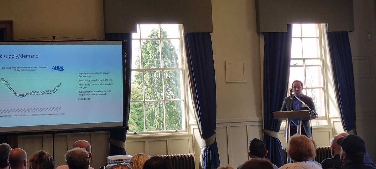 .<a href="/NFUStweets/">NFU Scotland</a> Milk committee member <a href="/ScottShearlaw/">Scott Shearlaw</a> presenting with <a href="/AHDB_Dairy/">AHDB Dairy</a> at <a href="/Digital_DairyC/">Digital Dairy Chain</a> event.  Highlighting dairy is a household staple - it's present in 96% of UK households 🏠 🥛😃