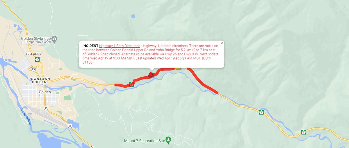 DriveBC's tweet photo. ⛔ CLOSED - #BCHwy1 will remain closed east of #GoldenBC past the scheduled opening of the #KickingHorseCanyon due to rocks on the road. 

Next update: 9 AM MDT. 
Alternate route available via #BCHwy95 and #BCHwy93

ℹ️ For more info:
https://t.co/BFihIo3ZvK

@511Alberta https://t.co/cmYNbuHWKz