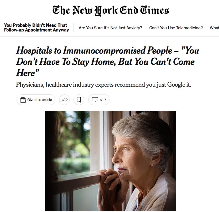 nyendtimes's tweet photo. Hospitals to Immunocompromised People – "You Don't Have To Stay Home, But You Can't Come Here"

Physicians, healthcare industry experts recommend you just Google it. https://t.co/uPbaAFxwGb