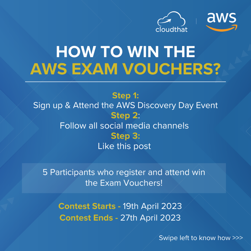 cloudthat's tweet photo. Don't miss our #AWS Discovery Day event, where you can learn and win big! Register now for a chance to win AWS Certification Exam Vouchers worth $300 each, valid for Professional and Specialty Level exams. Sign up now at https://t.co/JvSI8IpbmO 

#contestalert #giveawayalert