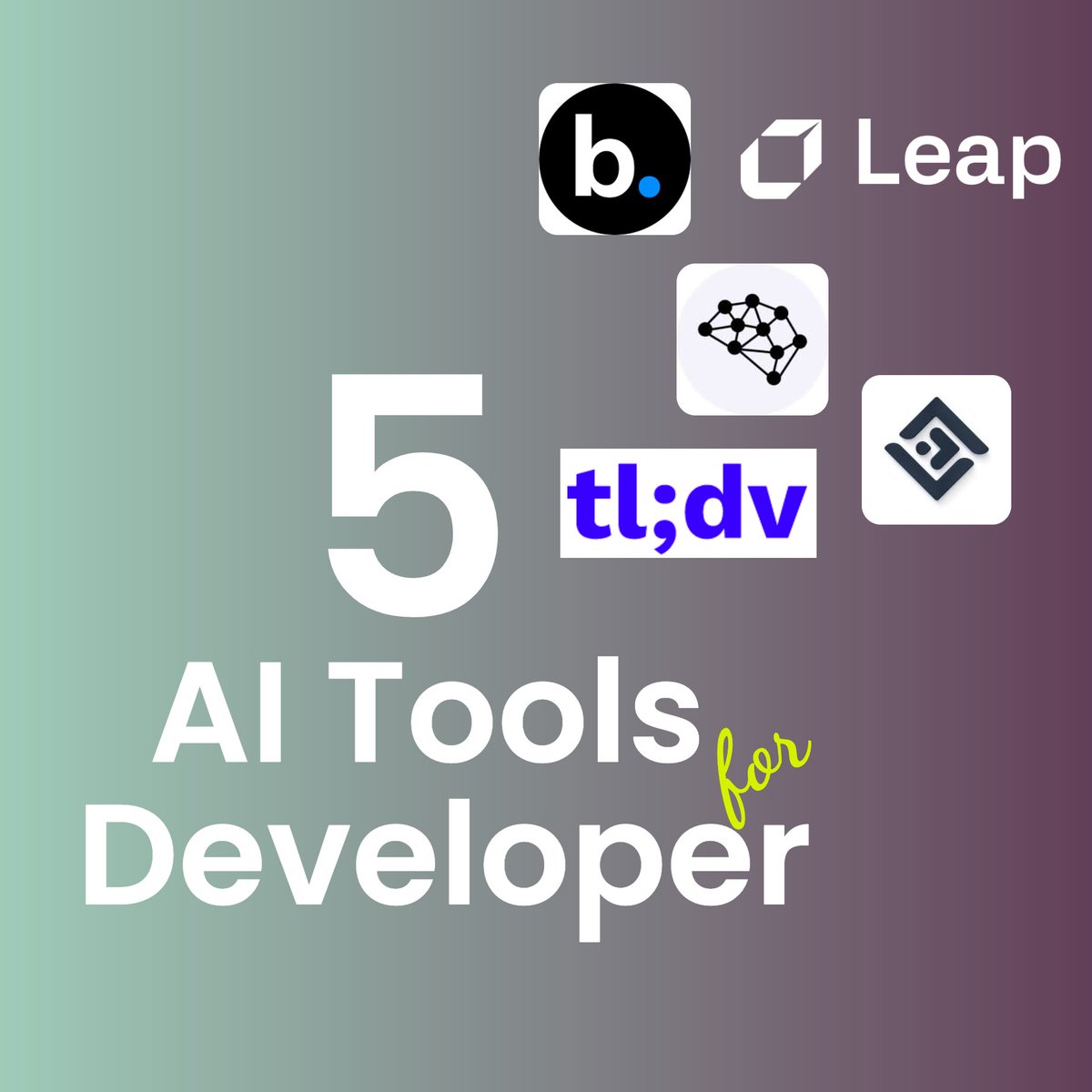 python_spaces's tweet image. 5 AI Tools for Developers 🚀

Try all of them for FREE 🤩

1.  @10Web_io - Build Websites 
2.  @CodesquireAI - Code Assistant 
3. @tldview - AI Meeting Summarize 
4. @leap_api -  Amazing Images 
5. @BeautifulAI_ - Beautiful Presentations