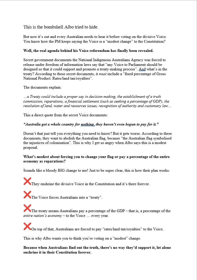 <a href="/RositaDaz48/">Rosita Díaz</a> If the referendum/Voice was that good, no doubt we would have Albo praising it everyday. Not this stance of 'you need to vote Yes because it's moral'.
This is one of the first emails I received off the no vote group, written by Jacinta Price.
It outlines everything suspected.