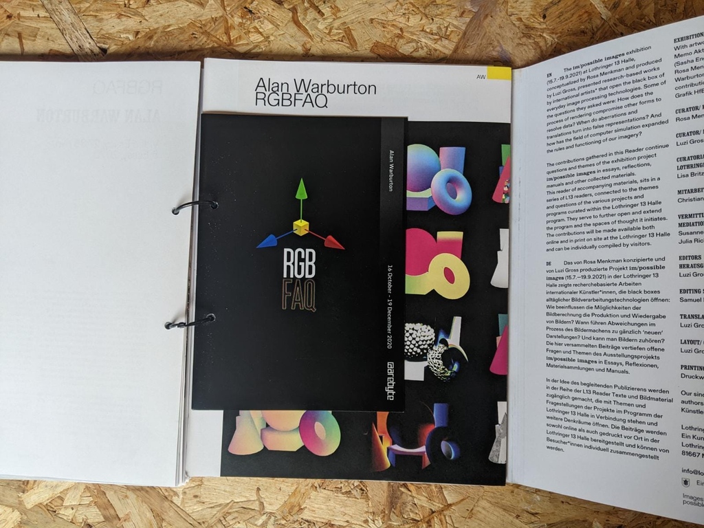 arebyte's tweet photo. We are happy to see AlanWarburton's (@cgwtf) RGBFAQ featured in the impossible images exhibition and its booklet, curated by @_menkman and produced by #luzigross. The exhibition was held at #lothringer13 in München.
#RGBFAQ #impossibleimages #Lothringer13Halle #exhibition https://t.co/yhqcEviEuD