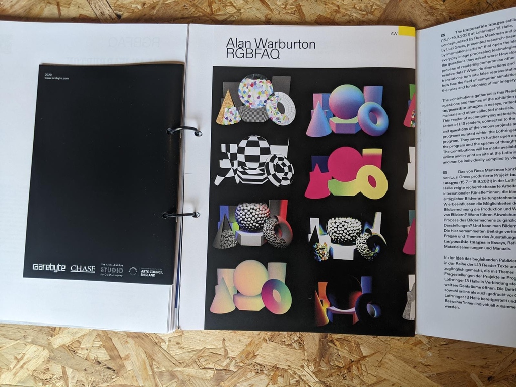 arebyte's tweet photo. We are happy to see AlanWarburton's (@cgwtf) RGBFAQ featured in the impossible images exhibition and its booklet, curated by @_menkman and produced by #luzigross. The exhibition was held at #lothringer13 in München.
#RGBFAQ #impossibleimages #Lothringer13Halle #exhibition https://t.co/yhqcEviEuD