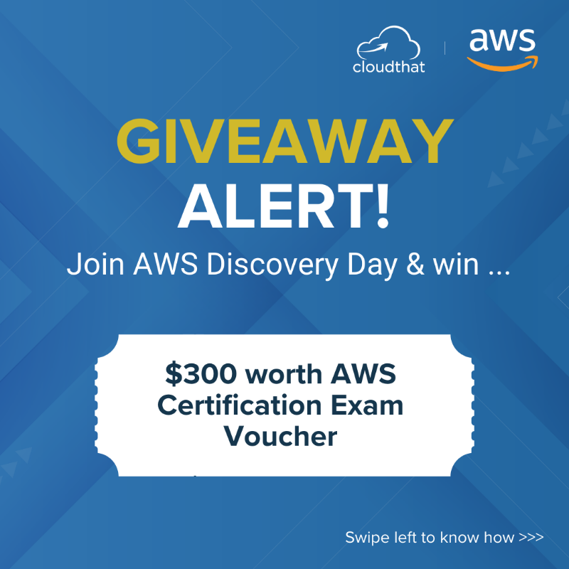 cloudthat's tweet photo. Don't miss our #AWS Discovery Day event, where you can learn and win big! Register now for a chance to win AWS Certification Exam Vouchers worth $300 each, valid for Professional and Specialty Level exams. Sign up now at https://t.co/JvSI8IpbmO 

#contestalert #giveawayalert