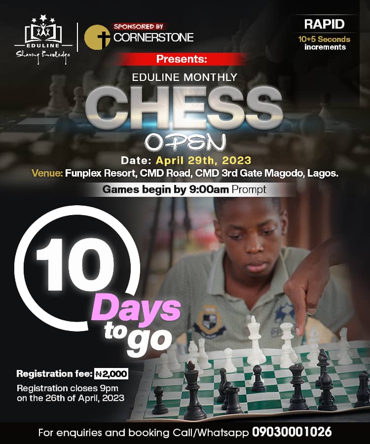Edulinelearning's tweet photo. 10 days to go to our first Eduline monthly chess competition. It will be all fun and blast . There is still time to register.

#Eduline #Chess #Development #Learn #Skill #chessislife #chesslife #chessgame #chessclub #chessboard #chessplayer #chessmaster https://t.co/gL9N6YShWs