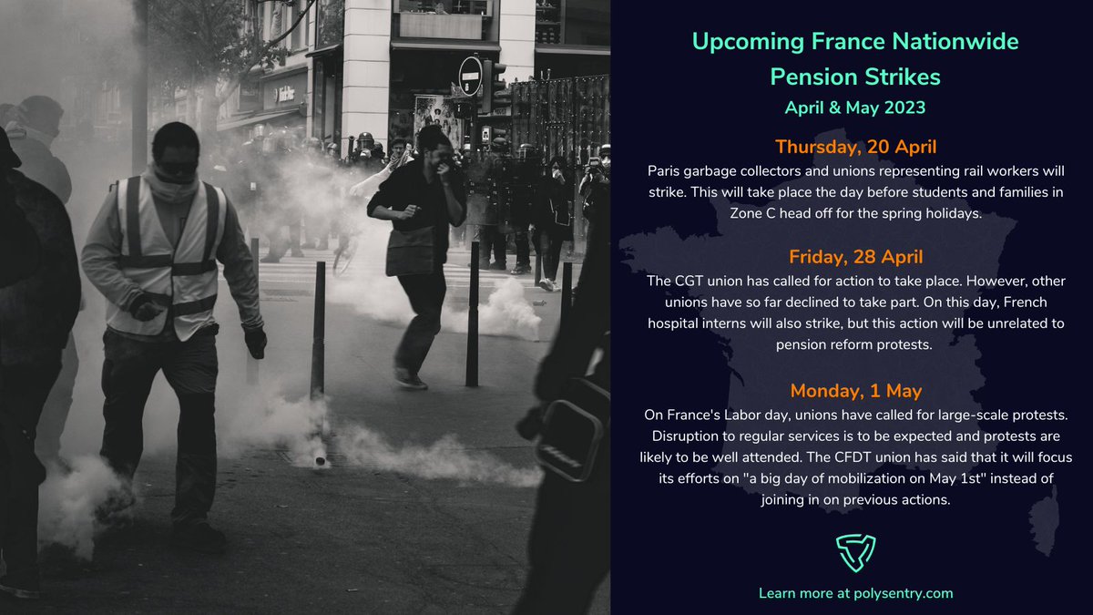 After French President Emmanuel Macron's latest televised address on Mon. night on #pension reform, #protests with thousands of participants are scheduled in the upcoming weeks across #France. These events are likely to cause widespread #disruption to a number of public services.