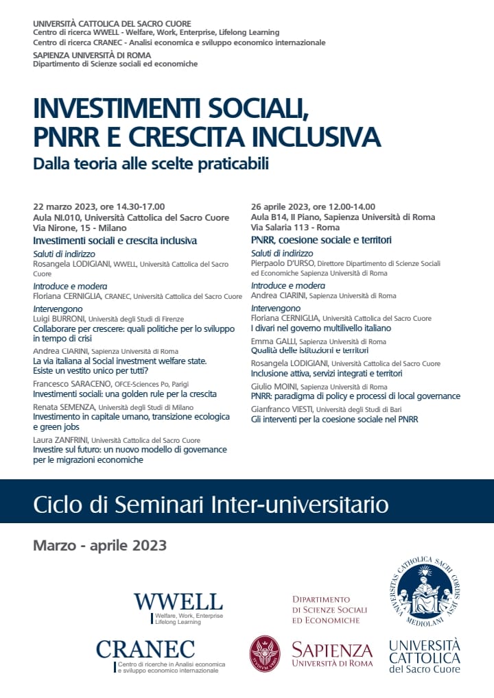 il 26 Aprile (ore 12.00-14.00, Aula B14) alla #Sapienza #DISSE un seminario su #PNRR #coesionesociale e #territori con <a href="/florianacernig1/">floriana cerniglia</a> <a href="/RosLodigiani/">Rosangela Lodigiani</a> Emma Galli Giulio Moini <a href="/profgviesti/">Gianfranco Viesti</a> #investimentisociali #crescitainclusiva