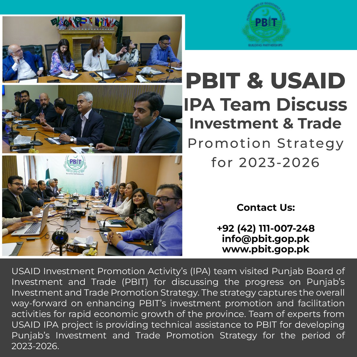 PbitOfficial's tweet photo. @PbitOfficial and @USAID_Pakistan IPA team Discuss Investment and Trade Promotion Strategy for 2023-2026.
#pbit #punjab #PunjabEase #usaid #ipa #ips #investmentpromotionstrategy #economicgrowth #economy #growth #investment #strategy https://t.co/jE7QtK4bBD