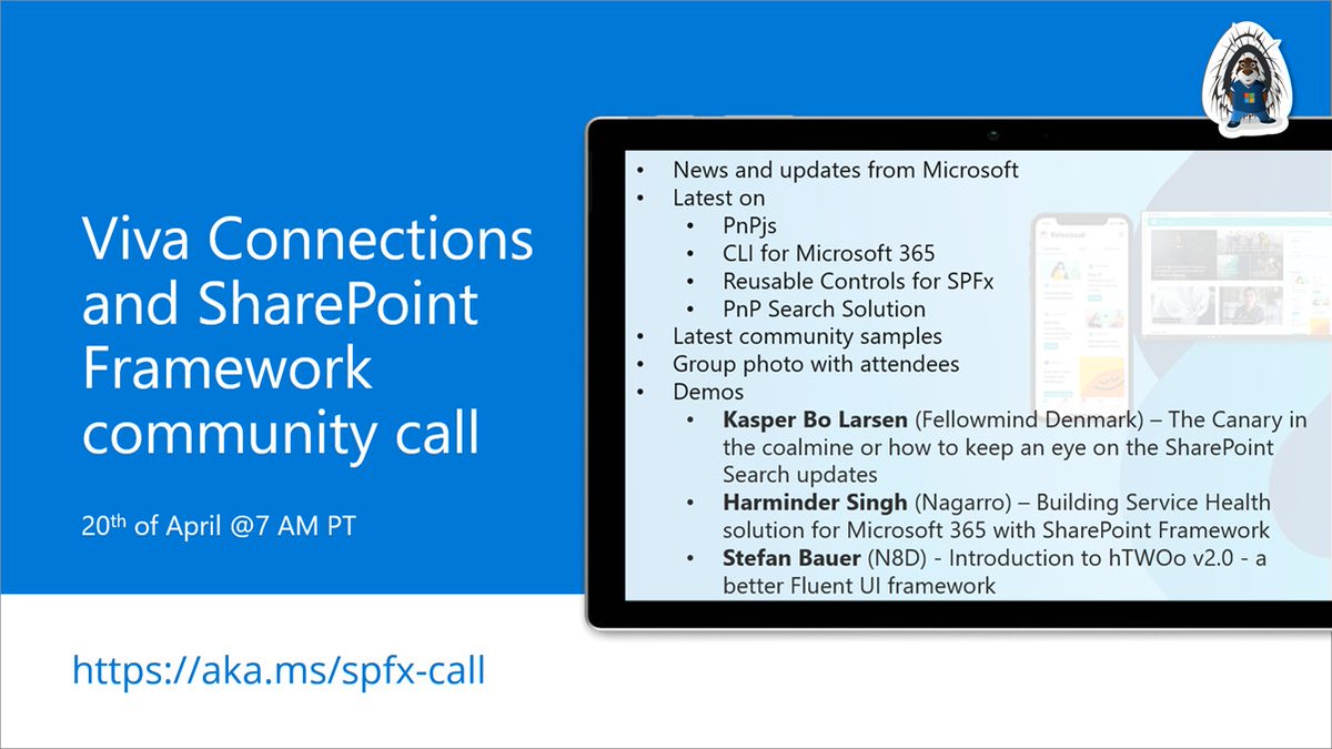 SharePoint's tweet photo. 📅 Agenda for the #MicrosoftViva and #SPFx call 20th of April
- The latest news
- Demos on #SharePoint Search, Service Health solution and #hTWOo
- Presented by @kasperbolarsen, @StfBauer and Harminder Singh
...and more! 🚀
👋 Join the call → https://t.co/MNIqF8pgPS https://t.co/JWZG6ztR0J