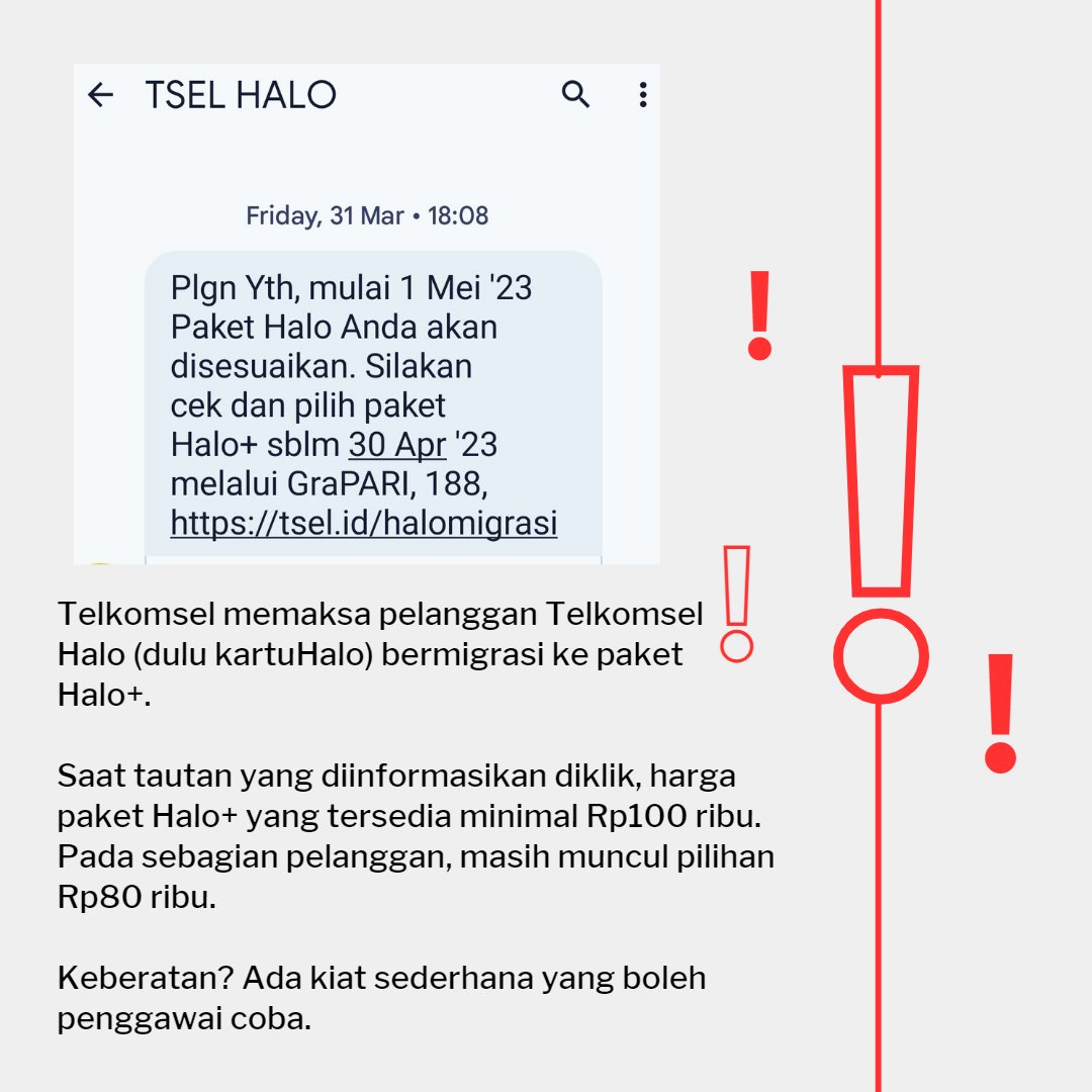 herrysw's tweet photo. Telkomsel memaksa pelanggan Telkomsel Halo (dulu kartuHalo) migrasi ke Halo+.

Posisi pelanggan harus diakui lemah. Yang bisa dilakukan hanya mencari paket Halo+ termurah berdasarkan tagihan rata-rata dan--jika bisa--bertahap menceraikan Telkomsel.

Berikut tip dari saya. https://t.co/LvnGma9MuF