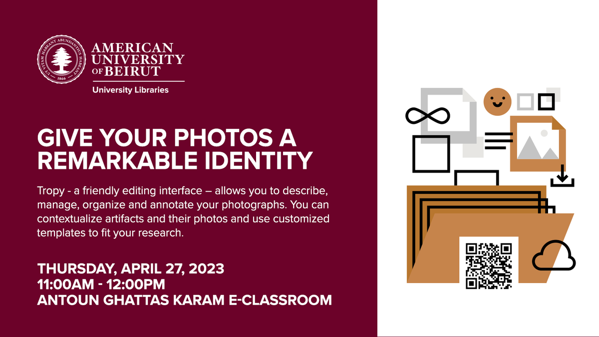 AUBLibraries's tweet photo. Join us on April 27, 2023, at 11:00 a.m. and learn how to use this user-friendly editing interface to describe, manage, organize, and annotate your photographs with ease.
Register here: https://t.co/NOOA2RXHh3
#Tropy #ResearchTools #PhotoAnnotation #aublibraries #aub https://t.co/yK4TkuI7kL