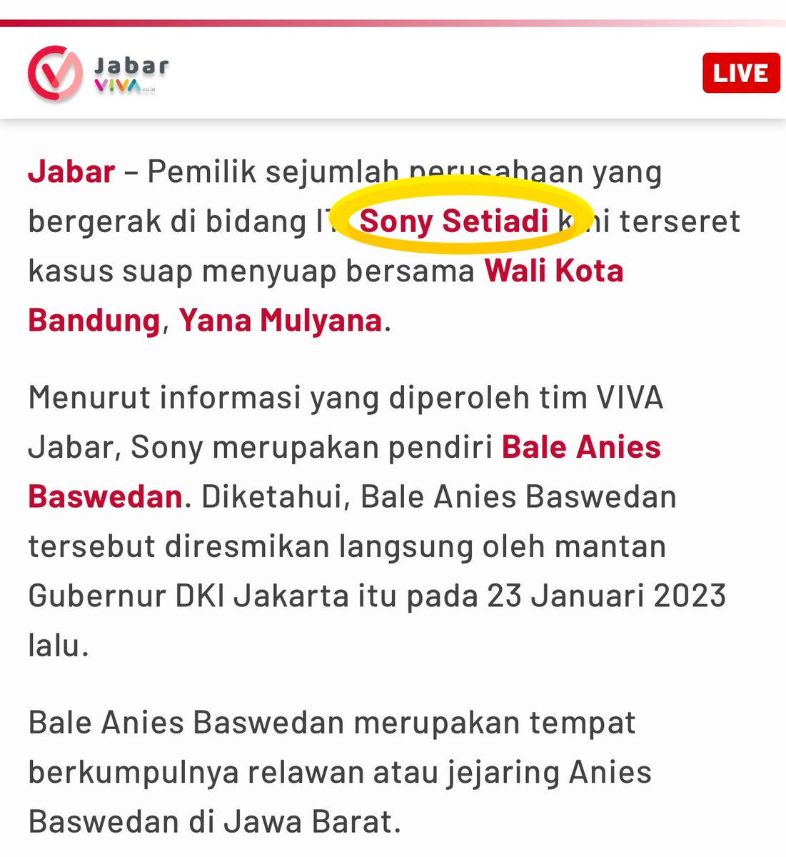 Pendiri Bale Anies Baswedan terseret kasus suap menyuap bersama Wali Kota Bandung, Yana Mulyana.

BaleAnies Jawa Barat DIRESMIKAN <a href="/aniesbaswedan/">Anies Rasyid Baswedan</a> Sabtu 21/1/2023 di Bandung.

Tolong sebarkan yah sampe ke penjuru langit gaes….!!

 <a href="/AndiSinulingga/">Andi Sinulingga</a>
@musniumar 
<a href="/Mdy_Asmara1701/">Maudy Asmara</a>