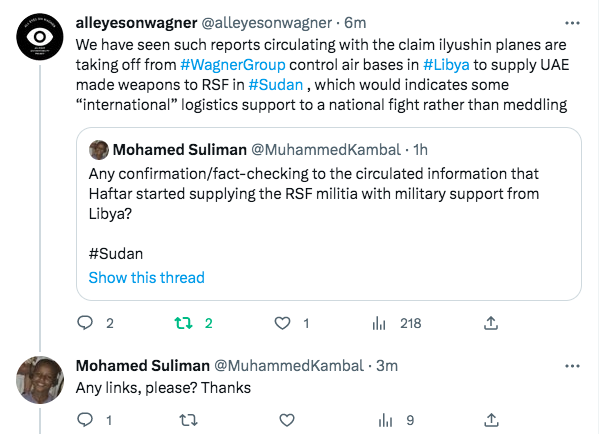 MuhammedKambal's tweet photo. تواصلت مع all eyes on wangers وهى مجموعة طوعية للتقصى مفتوح المصدر تتابع نشاط مجموعة فنقر الروسية حول العالم، سالتهم عن المعلومة المتداولة ان ميلشيا الجنجويد بدات بتلقى دعم من الجنرال حفتر  عن طريق قاعدة فنقر في ليبيا، ردهم انهم قيد التحقق م عن طريق صور الاقمار الاصطناعية. 1/2 https://t.co/x9sZyMJdUH