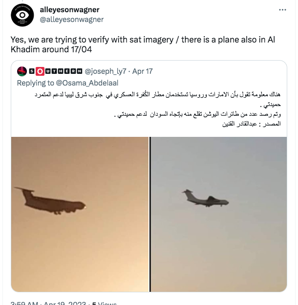 MuhammedKambal's tweet photo. تواصلت مع all eyes on wangers وهى مجموعة طوعية للتقصى مفتوح المصدر تتابع نشاط مجموعة فنقر الروسية حول العالم، سالتهم عن المعلومة المتداولة ان ميلشيا الجنجويد بدات بتلقى دعم من الجنرال حفتر  عن طريق قاعدة فنقر في ليبيا، ردهم انهم قيد التحقق م عن طريق صور الاقمار الاصطناعية. 1/2 https://t.co/x9sZyMJdUH