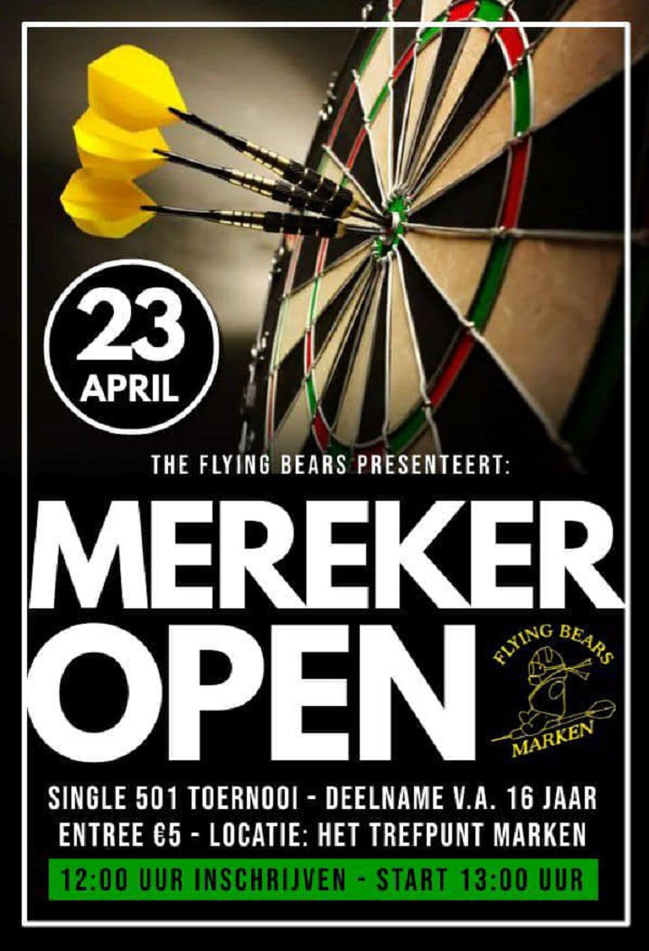 Zondag 23 april 2023: Mereker Open in dorpshuis Het Trefpunt
⏰  Inschrijven vanaf 12.00 uur
⏰  start darttoernooi 13.00 uur 
markernieuws.com/2023/17524.htm #Marken <a href="/FlyingBearsDart/">FlyingBears Darts</a> #FlyingBears #darten #dorpshuisHetTrefpunt #darttoernooi <a href="/uncledomie/">Dominique de Groot</a> @Vlooky <a href="/Flying_Bears_2/">Flying Bears II</a>