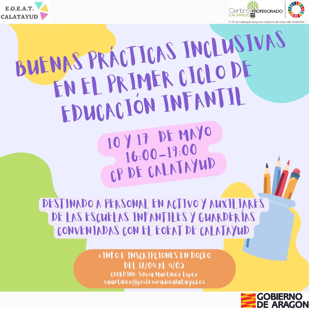Abierta la inscripción para los talleres "Buenas prácticas inclusivas en el primer ciclo de educación infantil", dirigidas exclusivamente a Escuelas Infantiles y Guarderías conveniadas con el EOEAT de Calatayud. +info e inscripción en Doceo #AtenciónTemprana #InclusiónInfantil