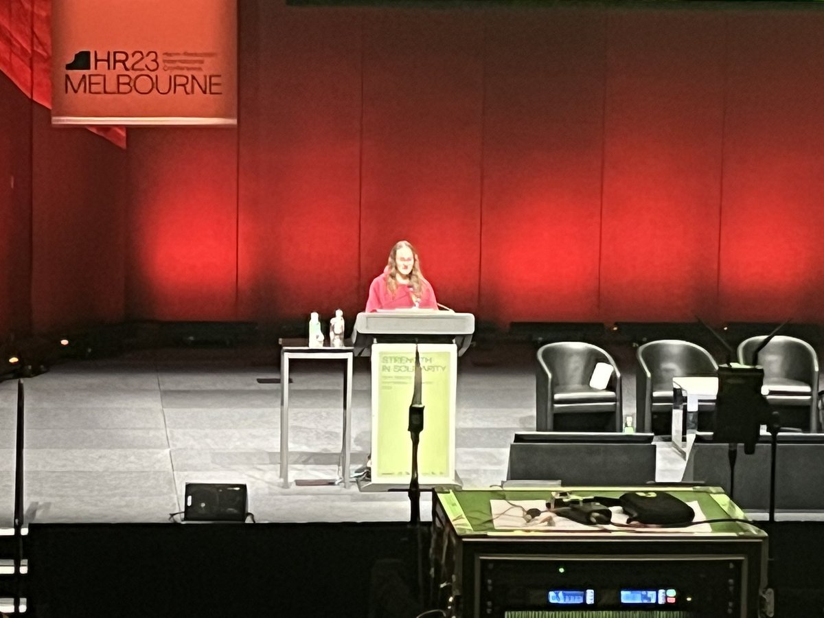 Gabby reading the Australian #HR23 Conference Declaration celebrating the contribution of people who use drugs to the WORLD!!!! And also we need loads of change. Details to come <a href="/HRV_Aust/">Harm Reduction Vic</a>  <a href="/aivl/">AIVL For PWUD Wellbeing, Health & Human Rights✊️💜</a> <a href="/ssdp_australia/">Students for Sensible Drug Policy Australia</a>