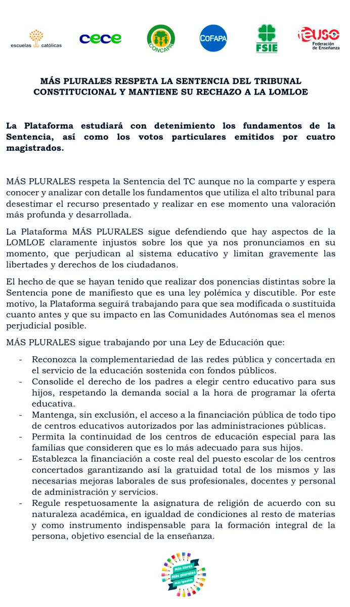 Acaba de hacerse pública la primera sentencia sobre la LOMLOE del TC (renovado con mayoría progresista) avalando su constitucionalidad con 4 votos particulares. Ninguna sorpresa. Entre todos acabarán con la libertad de enseñanza, los que no la quieren y los que no la defienden.