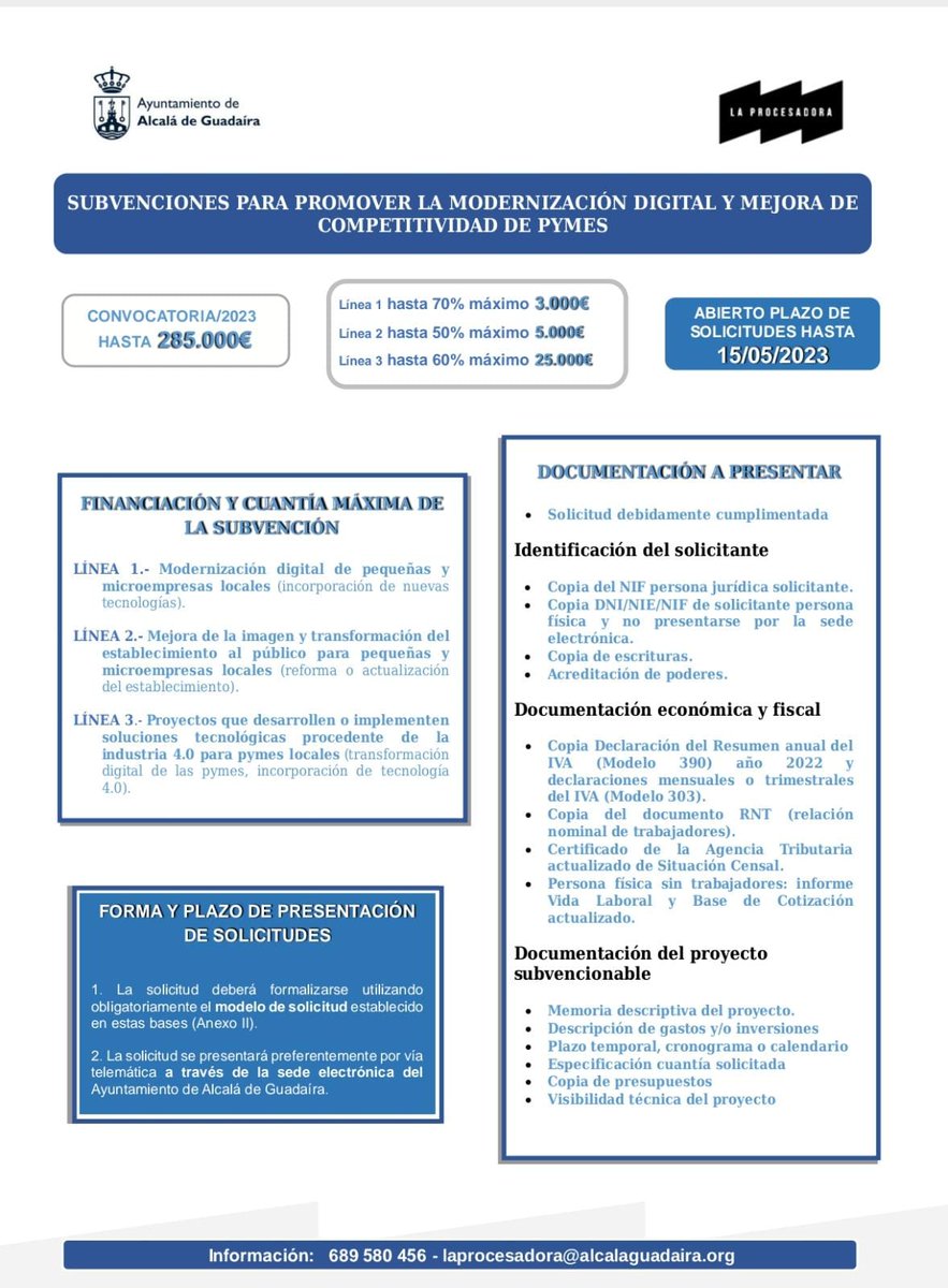 anaisabel_jc's tweet photo. Abierto el plazo de las nuevas #subvenciones de Desarrollo Económico.

👉🏼Estará abierto hasta el día 15 de mayo.

👉🏼Toda la información en https://t.co/fxUYKzCXkU https://t.co/pFLXvcqns5