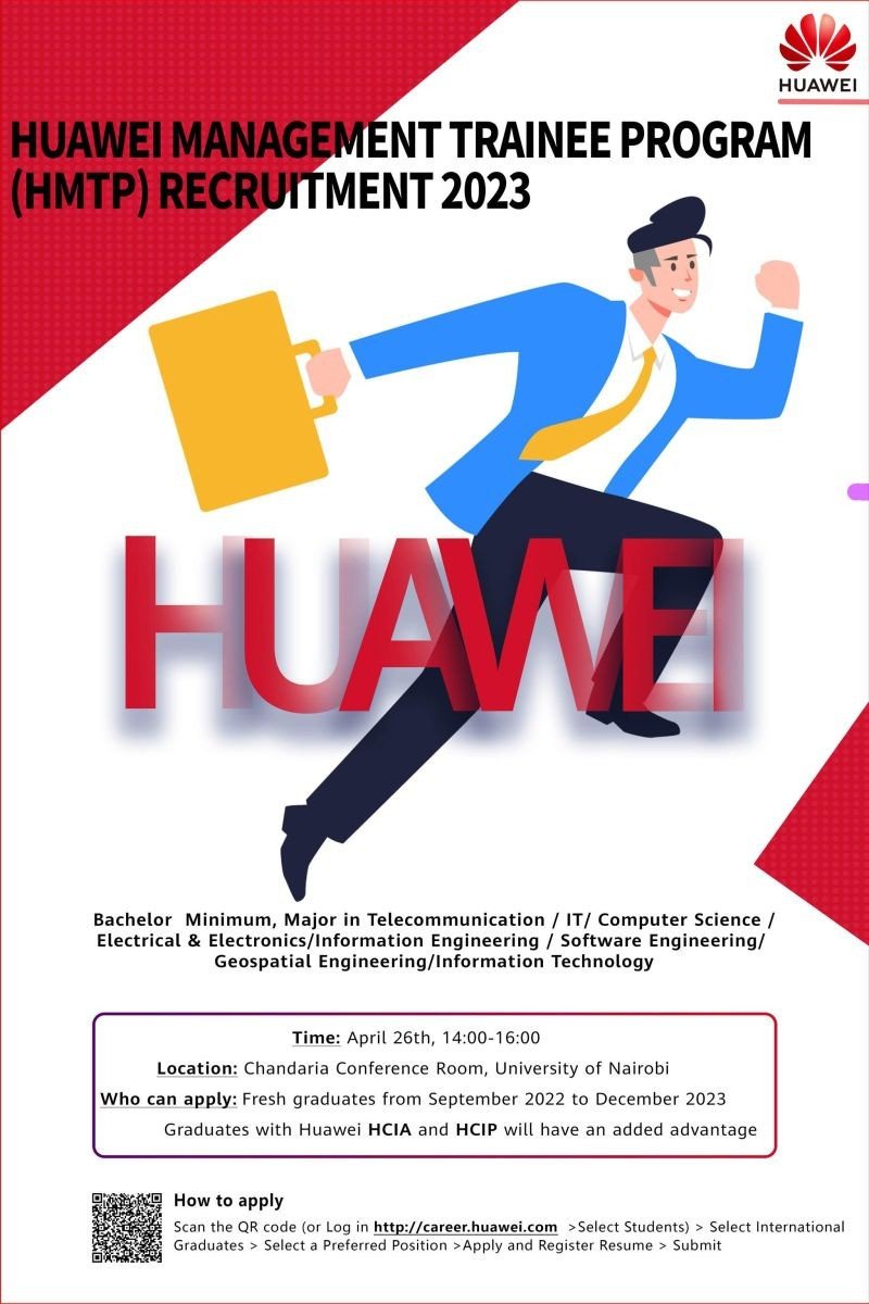 Huawei will host an information session workshop at <a href="/uonbi/">University of Nairobi</a> for the Huawei Management Trainee Program  for the year 2023, targeting students from faculty of Engineering and Computer Science. 
Registration Link: bit.ly/3ooGClg
Save the date: Wednesday, 26th April 2023