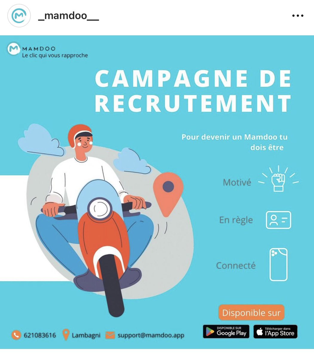 MarielyBkm's tweet photo. 🚨  Emploi - Conakry 🇬🇳 

Vous êtes étudiant, au chômage ou souhaitez une activité complémentaire?@Mamdoo__ recrute ! 
Si vous êtes intéressé envoyez à support@mamdoo.app votre nom, prénom, numéro de téléphone et quartier!

NB :  il faut savoir conduire une moto.

RT please 🙏🏿 https://t.co/7qMzBK63AG