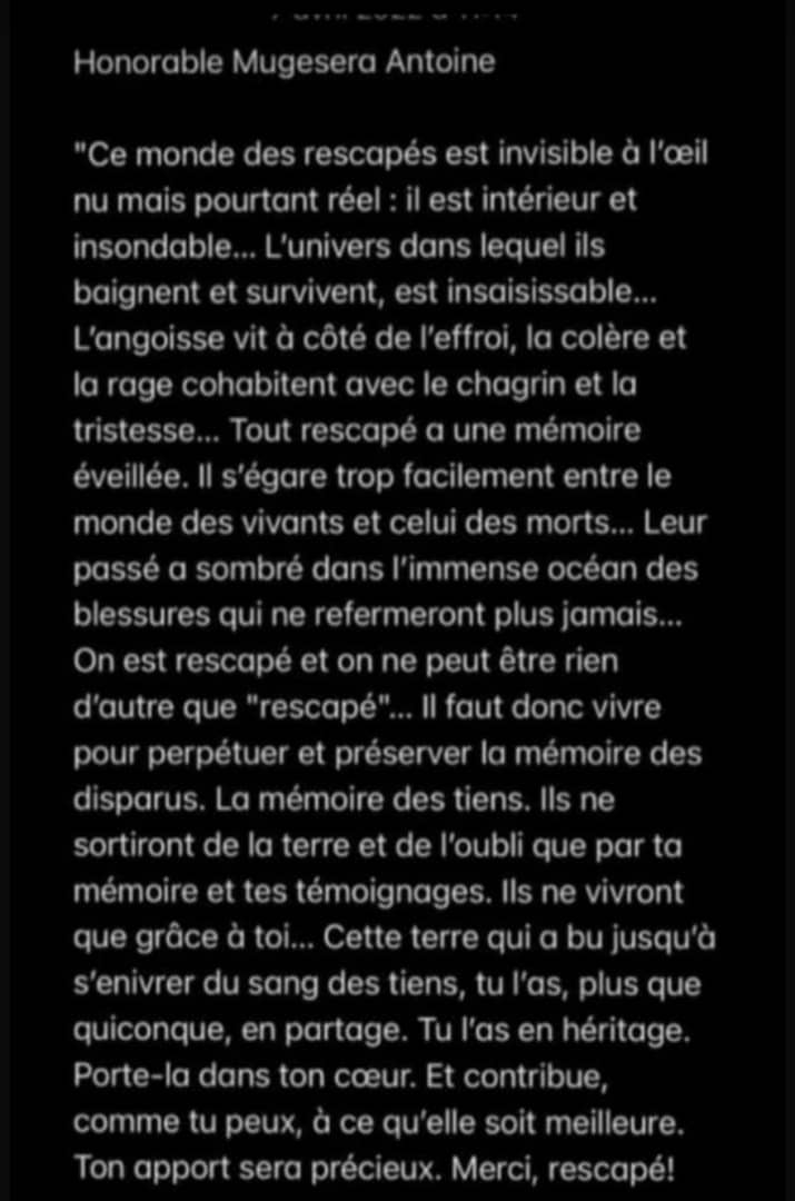 NshimyimanaEmma's tweet photo. "𝑴𝒆𝒓𝒄𝒊 𝒓𝒆𝒔𝒄𝒂𝒑𝒆́ !" dit Hon Mugesera Antoine

“Ce monde de rescapés est invisible à l’œil nu mais pourtant réel : il est intérieur et insondable…
On est rescapé 𝒆𝒕 𝒐𝒏 𝒏𝒆 𝒑𝒆𝒖𝒕 𝒆̂𝒕𝒓𝒆 𝒓𝒊𝒆𝒏 𝒅’𝒂𝒖𝒕𝒓𝒆 𝒒𝒖𝒆 «𝒓𝒆𝒔𝒄𝒂𝒑𝒆́»…
#Kwibuka29 https://t.co/xS95To5wr1