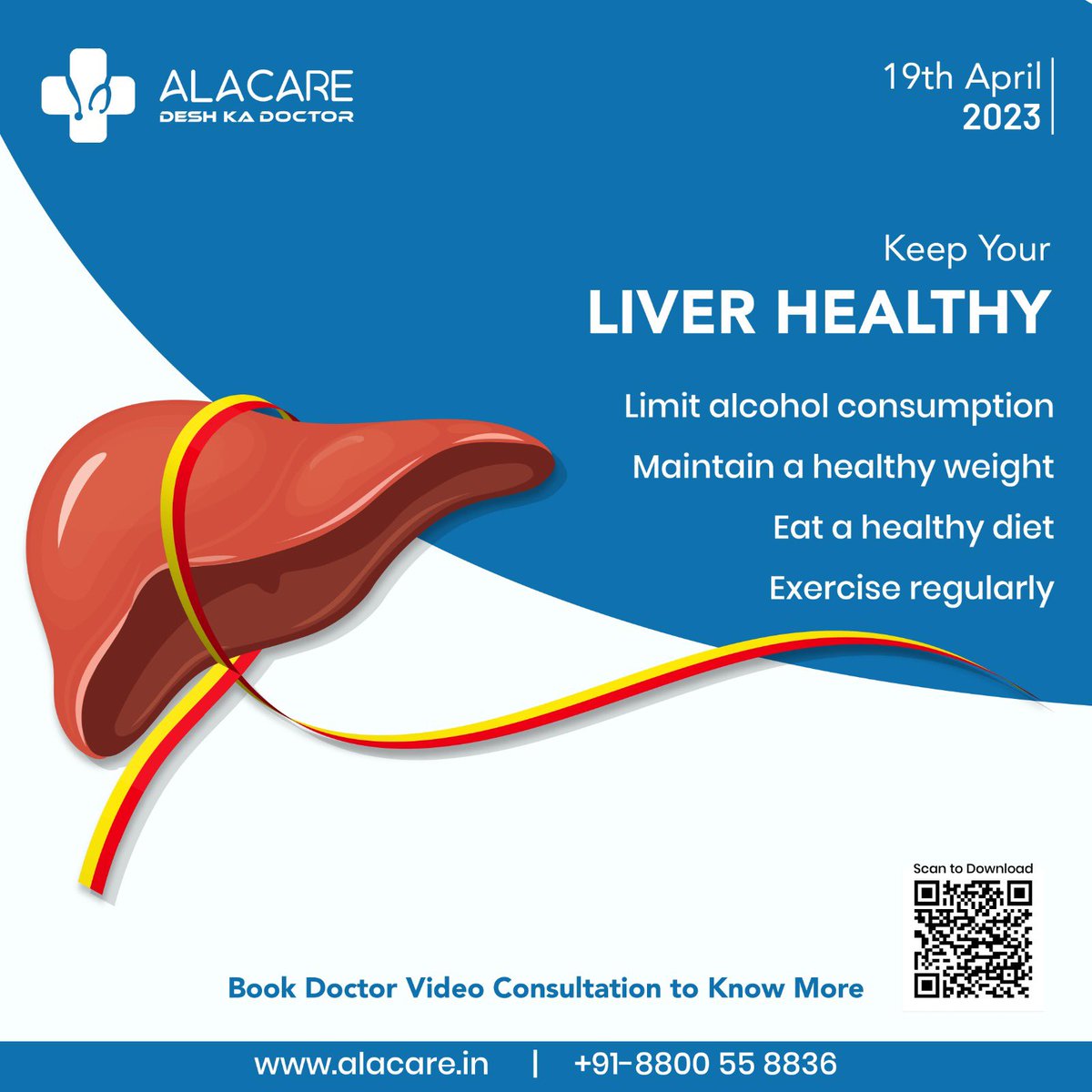 Liver diseases are the tenth most common cause of death in India.
On #WorldLiverDay, take the pledge to follow a healthy lifestyle to protect your liver and keep it healthy.
Healthy Liver, Healthy Living!
#WorldLiverDay2023 
#Alacare
#deshkadoctor #consultation