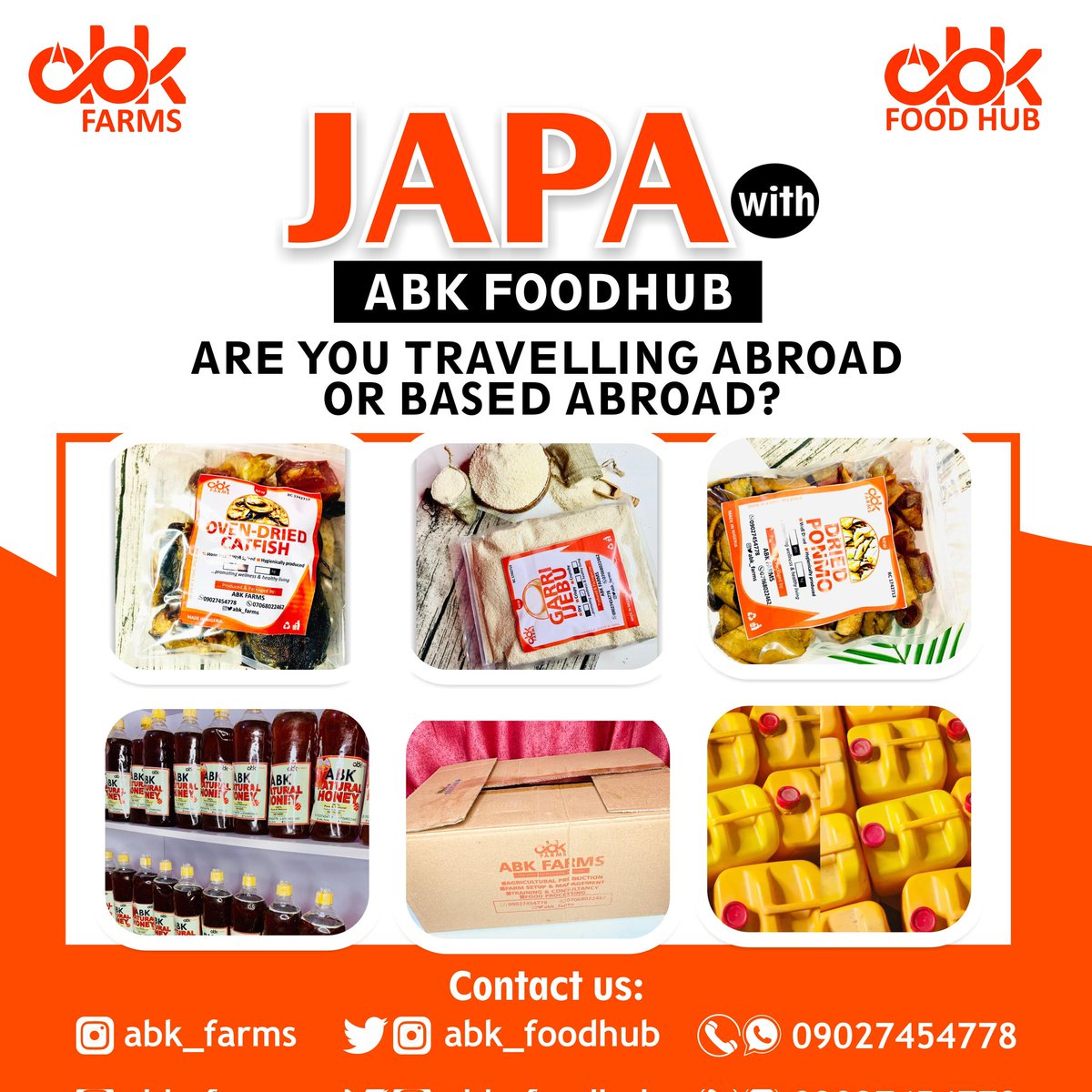 Are you a Nigerian travelling out of the country soon?
Or you reside abroad and need a plug for your processed foods?

We gat you at @abk_foodhub @abk_farms 

#japa #japafoods #nigeriansabroad