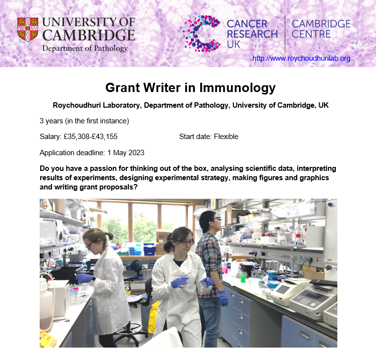 Looking for something different after your #PhD? Enjoy big picture thinking, scientific writing and data analysis? Join us as a #Grantwriter and contribute to research in immune regulation, inflammation and cancer @CamPathology @CRUKCamCentre. Details: drive.google.com/file/d/1ZBHEma…