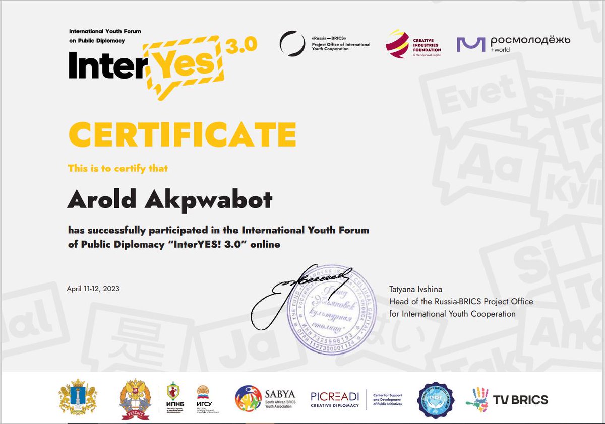 akpwabot's tweet photo. Honored to have represented the Rep. of Congo ๐จ๐ฌ at the 3d International Youth Forum on #PublicDiplomacy "#InterYES 3.0" held online on April 11-12, 2023. Many opportunities highlighted: digital diplomacy, #BRICS cooperation, new financial solutions... https://t.co/pU9rM9rVby