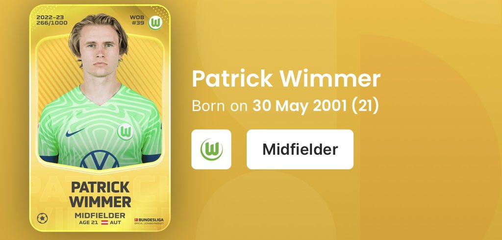 MikeOfPompey's tweet photo. 🌟 Sorare U23 Spotlight 🌟 

Name: Patrick Wimmer
Age: 21
Club: @VfL_Wolfsburg 
Position: Midfield
Sorare Price: £5.50

Wimmer can play anywhere across the front 3 and could be ideal for a Cap 240 or a Semi-Pro Bundesliga line up 

🌟🌟

Picture from @SorareData 

Please RT 🔁 https://t.co/GSlD4fUtLe