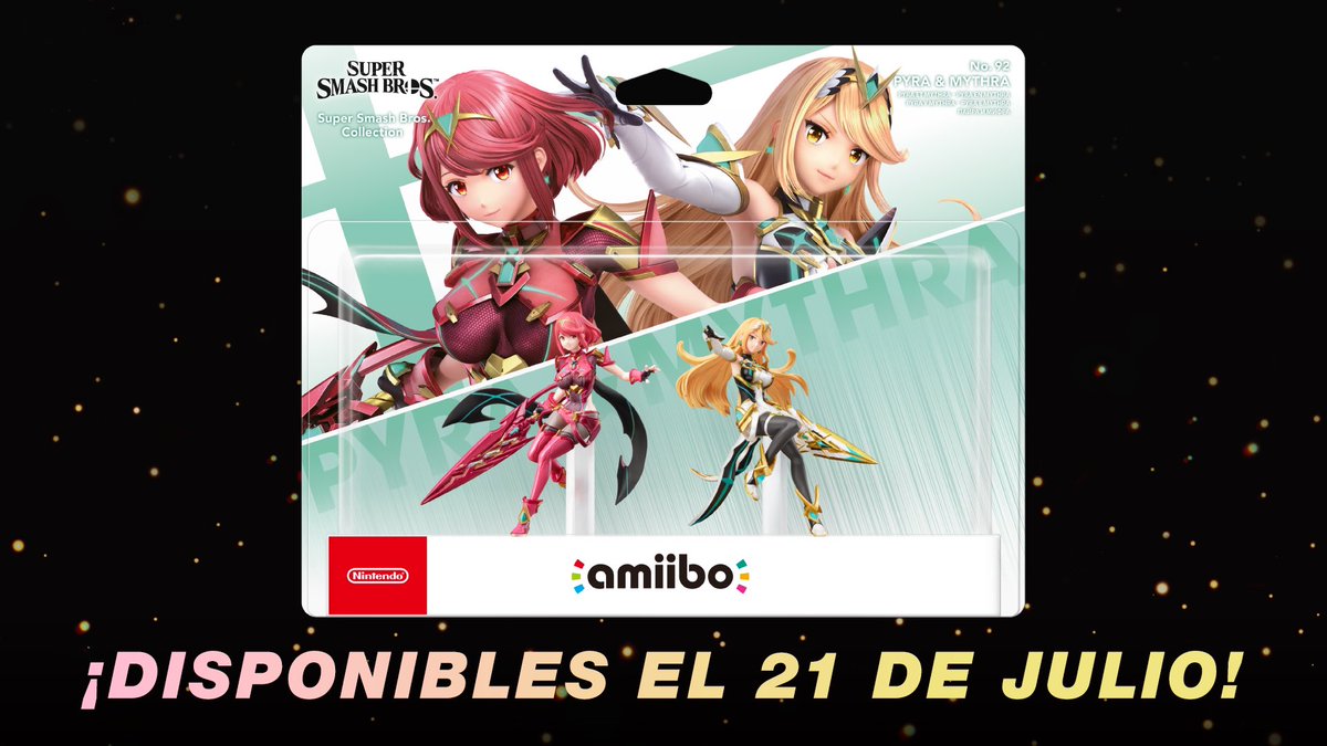 SmashBrosES's tweet photo. Los #amiibo de Pyra y Mythra de la serie Super #SmashBros llegarán en forma de pack doble el 21 de julio. https://t.co/MEbHLNgAS6