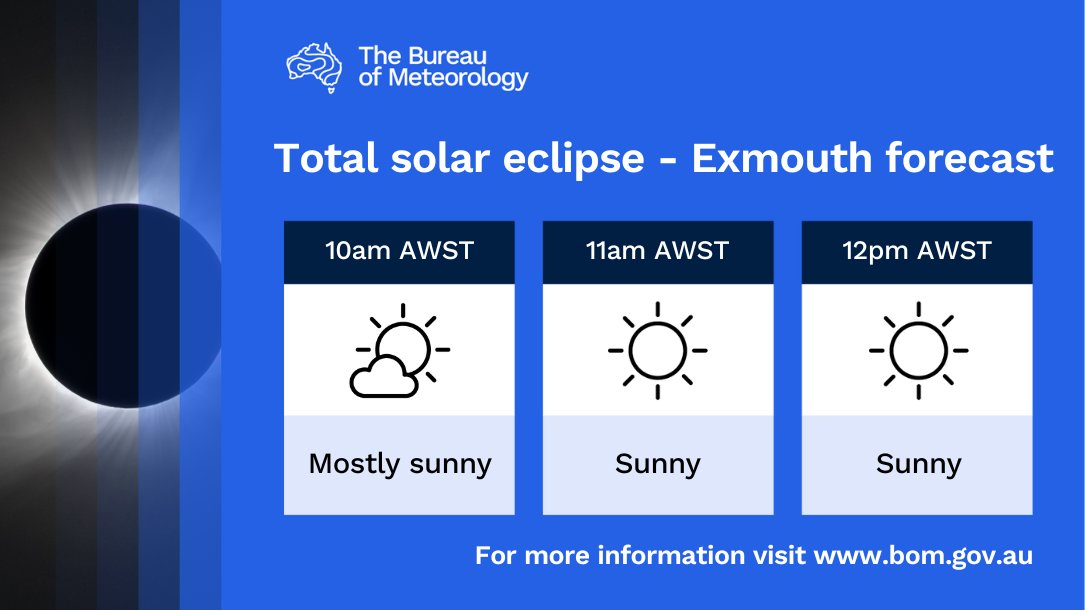 BOM_WA's tweet photo. Tomorrow #Exmouth will dip into 62 seconds of darkness during a total #solareclipse at around 11:30 am AWST.
☁️ The dry and sunny conditions are favourable for viewing.
😎 Ensure you wear eclipse glasses.
Latest: https://t.co/anafGB7u0h and the BOM weather app. https://t.co/WOqLLNqnA3
