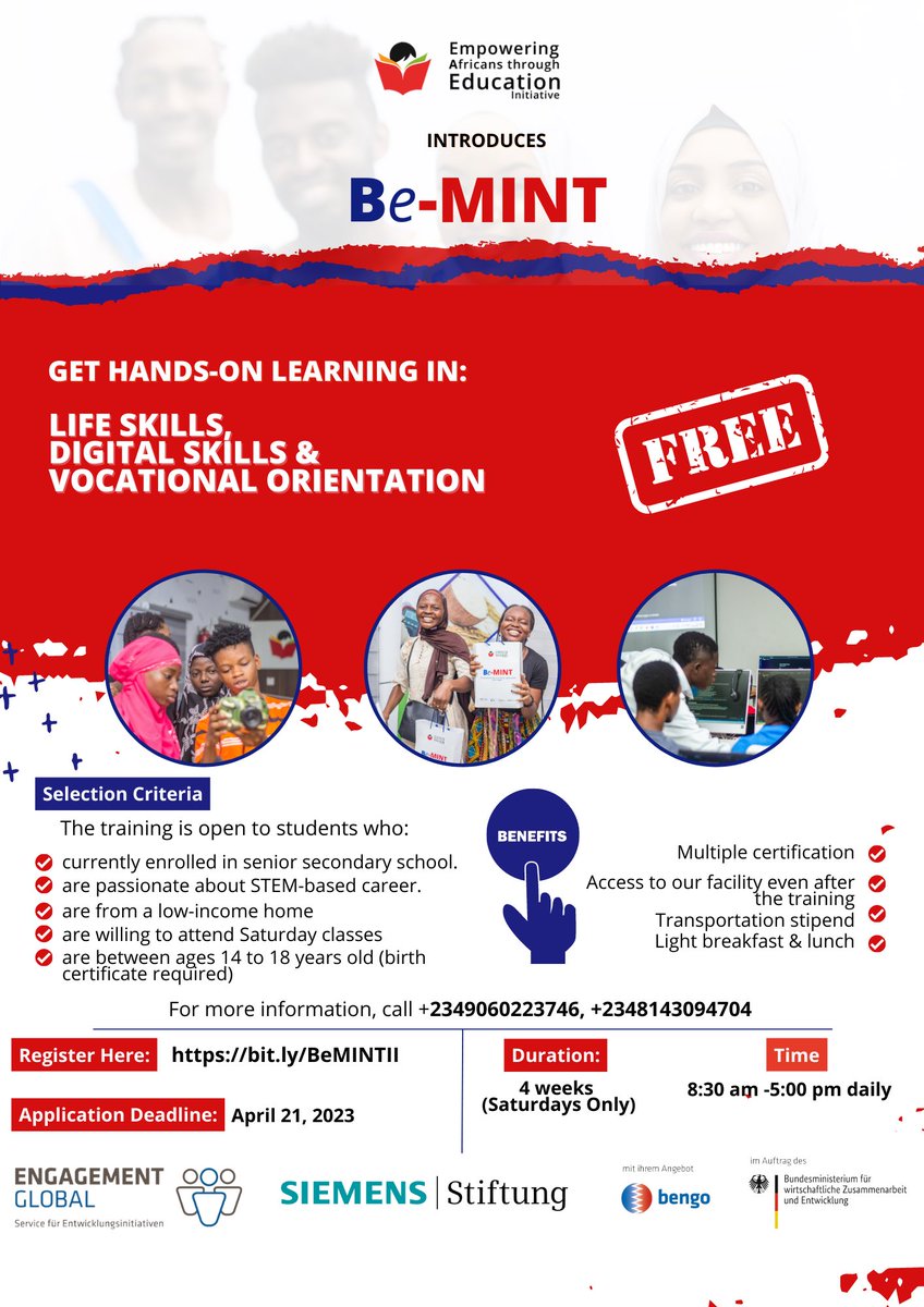 Skills help people to have better resources &amp; financial management, improved strategic planning &amp; curtail crises in organisations due to experiences garnered.

Application for the BeMINT training closes in two days. 

Click the link in our BIO &amp; register.

#stem #tuesdayvibe