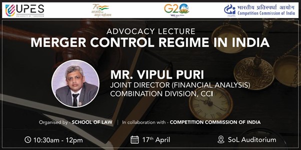 CCI_India's tweet photo. Shri Vipul Puri, Joint Director, CCI, delivered a lecture on "Merger Control Regime in India" at @UPESDehradun on 17.04.2023. The event marked honour to @AmritMahotsav &amp; @g20org Presidency of India. 

#CCI #UPES https://t.co/3M68oHfOV2
