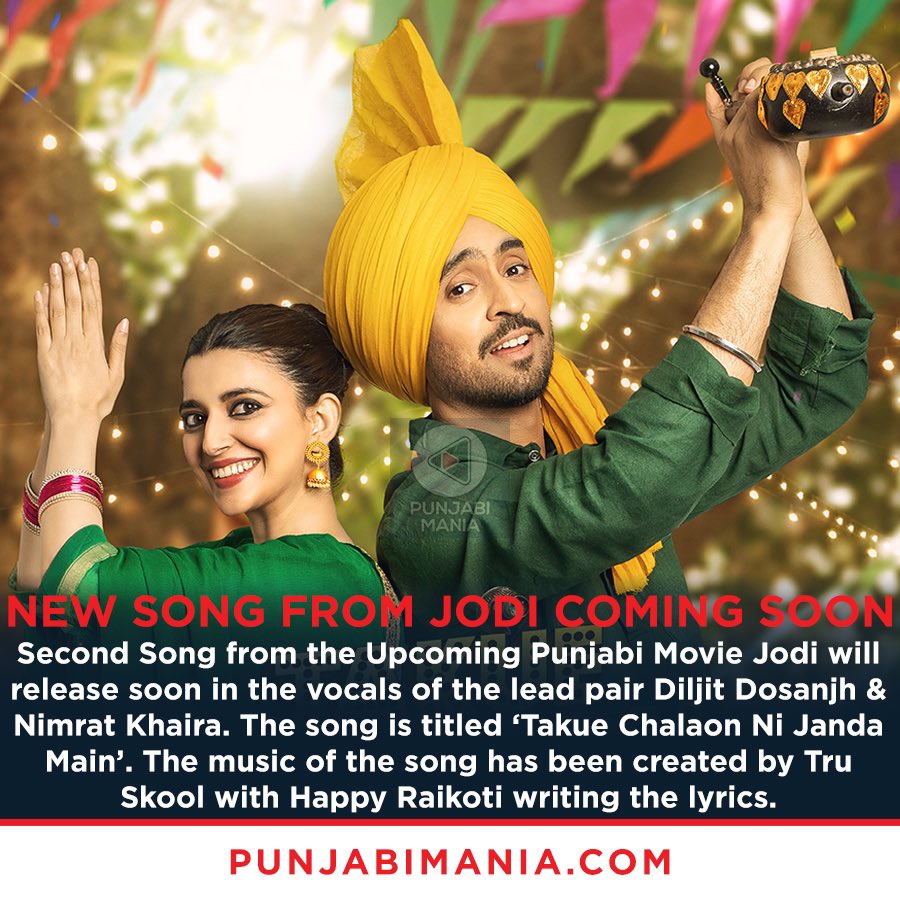 punjabi_mania's tweet photo. New Song From Jodi Coming Soon in the vocals of @diljitdosanjh and @nimratkhairaofficial. Music by @truskooluk
#jodi #diljitdosanjh #nimratkhaira #rhythmboyz #amrindergill #truskool #happyraikoti #punjabicinema #punjabisongs #punjabimusic #punjabimania #punjabitadka https://t.co/17NwJ67lmk