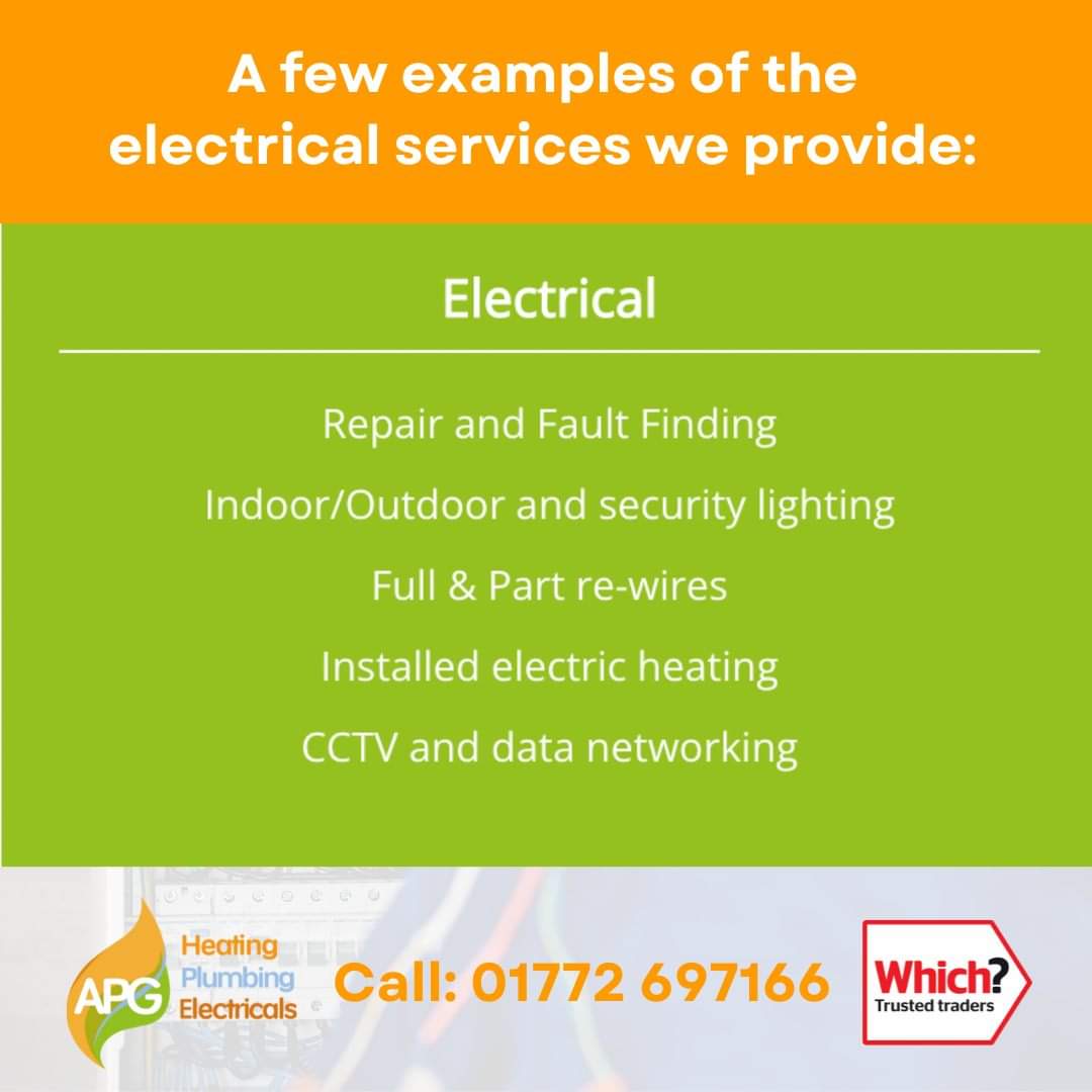 APG_Heating's tweet photo. Your safety in our hands 👏 APG Domestic Services provide electrical services to both domestic &amp; commercial customers throughout the North West.

✔️ Emergency response
✔️ No Job too small
✔️ All electrical work undertaken

Visit 👉 https://t.co/7IXWF3DpUf Telephone 01772 697166 https://t.co/qdXdVQzYJh