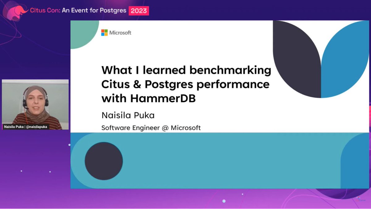 CsharpCorner's tweet photo. #CitusCon 2023 - EMEA Livestream: Welcome @naisilapuka, who is talking about what she learned benchmarking Citus vs Postgres performance with HammerDB.
Live streaming>> https://t.co/ogZmx8Onbr
@CitusCon @citusdata @PostgreSQL #HammerDB #PostgreSQL #Azure #AzureCosmosDB #CosmosDB