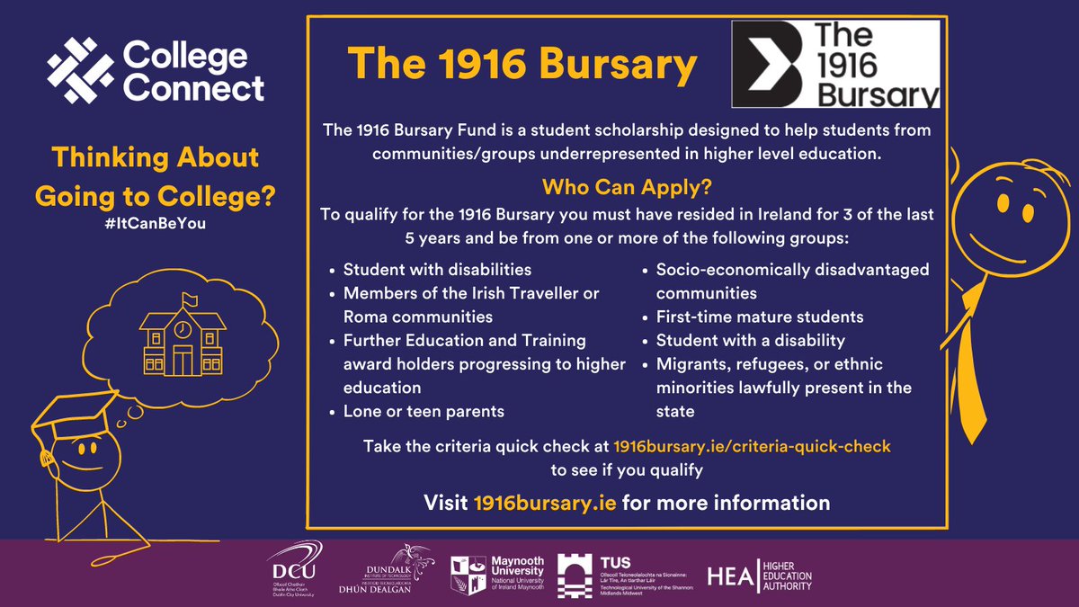 The 1916 Bursary Fund is a scholarship designed to support students from underrepresented communities in higher education.

If you think you might qualify, head over to 1916bursary.ie to take the eligibility check

#CollegeIsForAnyone #ItCanBeYou
