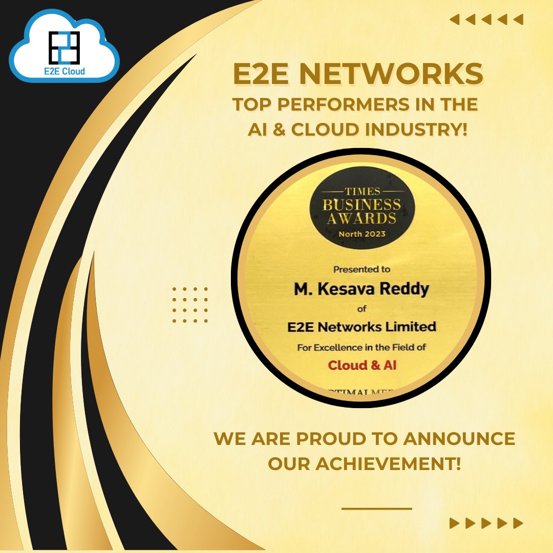 e2enetworks's tweet photo. E2E Cloud is proud to announce that we've won the Times Business Awards North 2023 for excellence in the field of Cloud &amp; AI! This recognition is a testament to our commitment to delivering high-quality solutions that meet our customers' needs. 
#TimesBusinessAwards https://t.co/CCXTQzJk8v