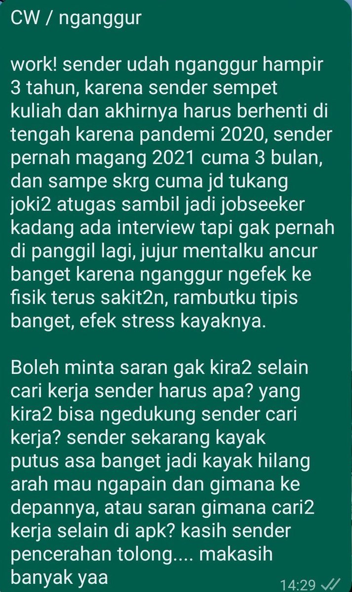 worksfess's tweet photo. CW // NGANGGUR 
(ttipan)
work! any advice and tips teman-teman? barangkali ada yang sama, boleh minta saran yang mendukung dan membantu buat sender nya🤗 https://t.co/soMNBTSxGp
