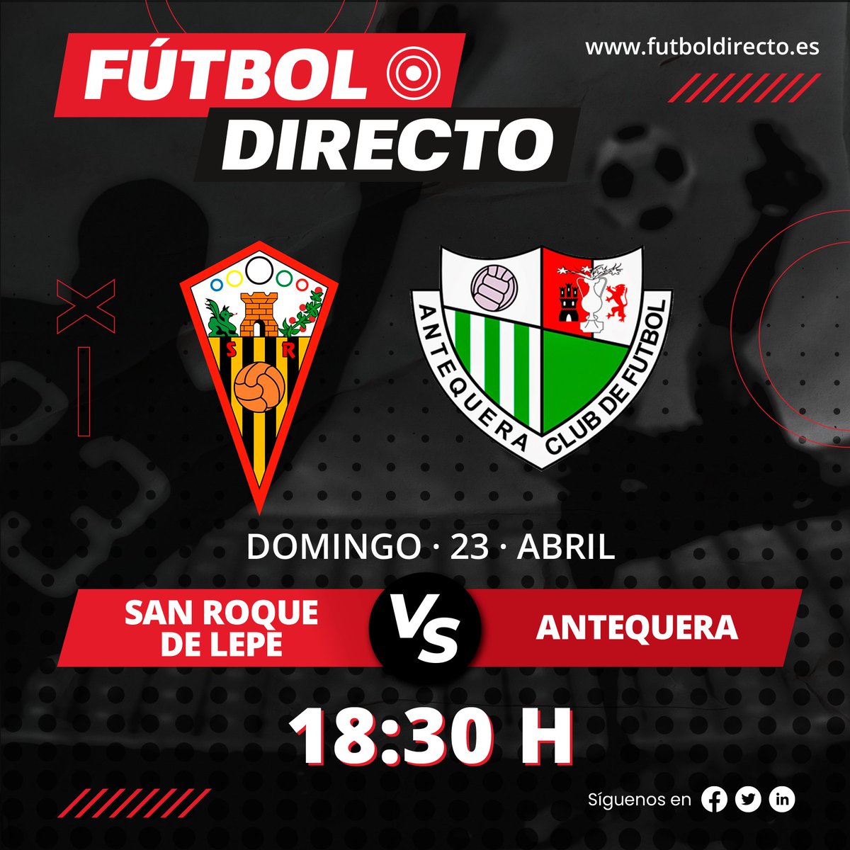 futboldirecto's tweet photo. El @SanRoqueLepe recibe en casa al líder @AntequeraCF en la trigésimo primera jornada liguera del grupo IV de la Segunda Federación ⚽ ¡Disfruta del encuentro con #FútbolDirecto!

🔴 3,50€
🌐 https://t.co/6CqOlzDPC0

#SanRoqueAntequera https://t.co/6S5bXqWWad