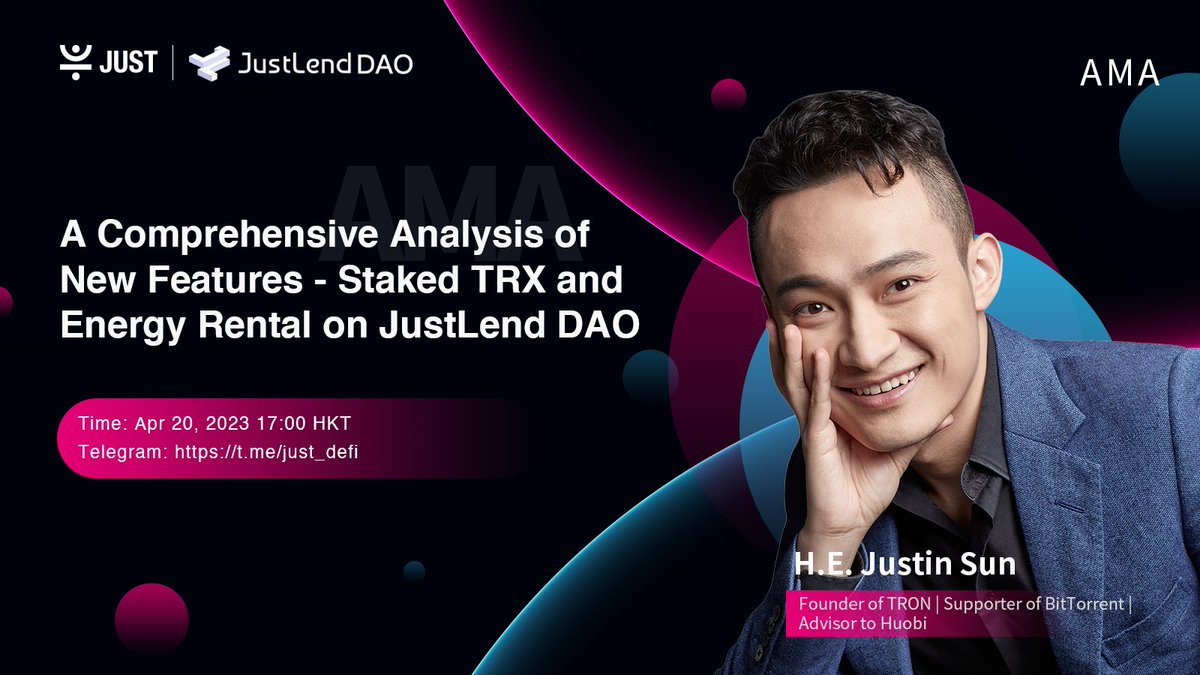🎊AMA coming up in <a href="/DeFi_JUST/">JUST DAO</a> ’s Telegram group!

😎Let’s talk about the New Features - Staked TRX and Energy Rental on JustLend DAO with <a href="/justinsuntron/">H.E. Justin Sun 👨‍🚀 (Astronaut Version)</a>

⏰April 20, 17:00 (HKT)

Get ready to join us 👉 t.me/just_defi