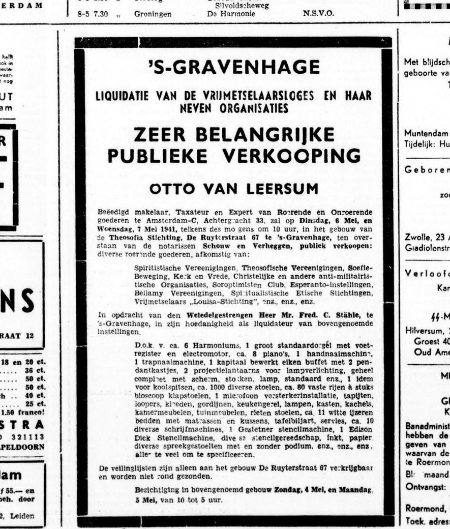 Onze voorzitter, kunsthistorica Andrea Kroon, geeft op 23 april een lezing @Hkunstkring: 'Op zoek naar vermist erfgoed! Over de naziroof van vrijmetselaarserfgoed in 1940-1945'. Info: haagsekunstkring.nl/index.php/acti…

#vrijmetselarij #denhaag #WO2 #kunstroof

 (Foto: krantenbericht 1940)