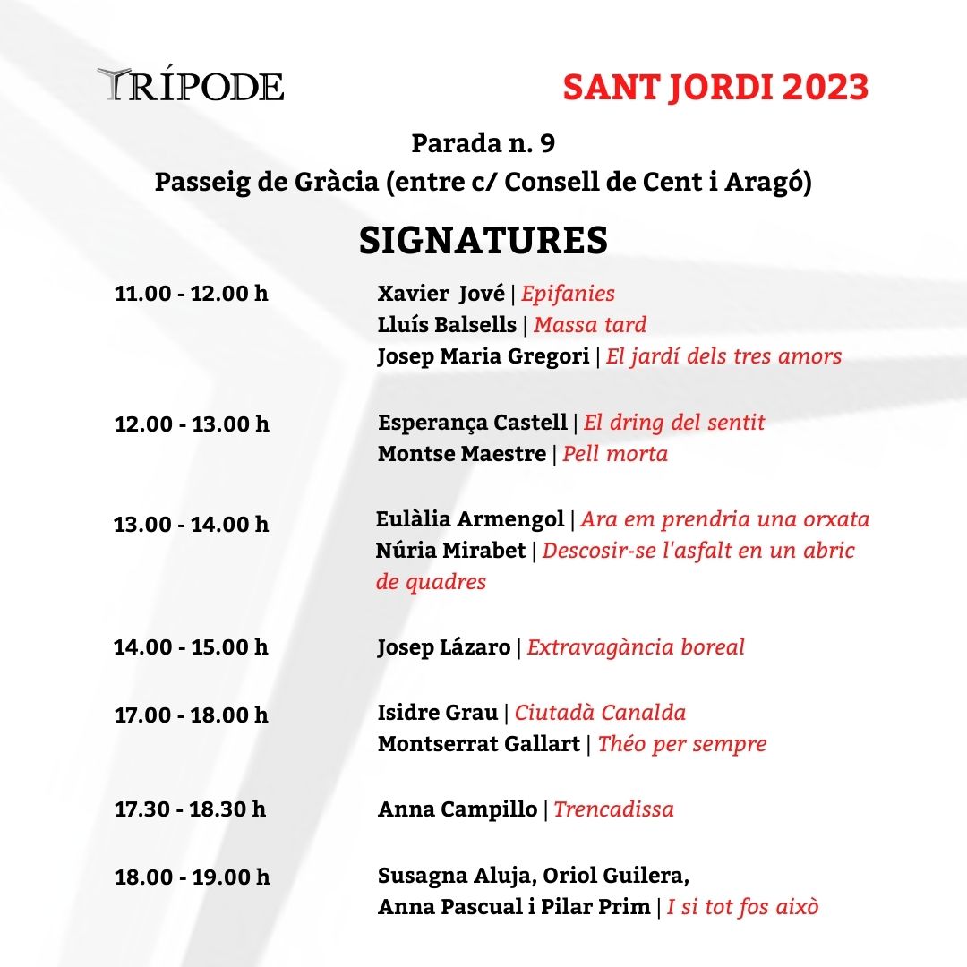 Ed_Tripode's tweet photo. S'acosta SANT JORDI! 📚

Diumenge serem a Barcelona, a passeig de Gràcia (entre Consell de Cent i Aragó). Al llarg del dia rebrem els nostres autors a la parada perquè us puguin signar els seus llibres: molta novel·la i molta poesia i alguns contes!

Us hi esperem❤️📖 https://t.co/iOZhycbQEO