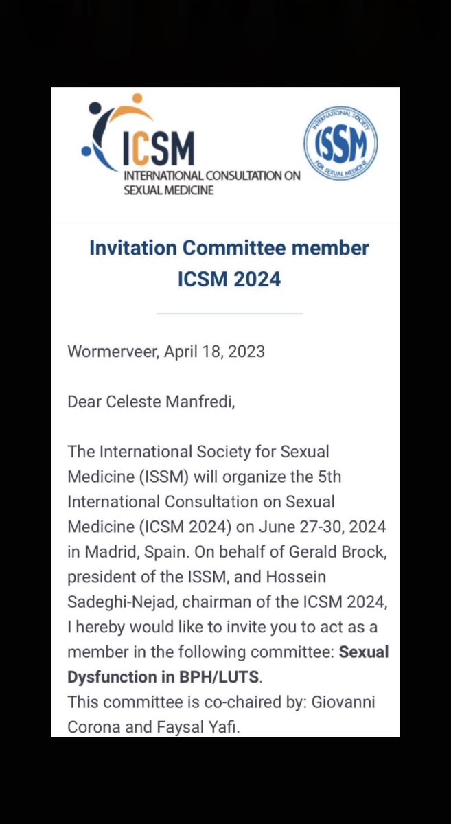 Proud to join the International Consultation on Sexual Medicine (#ICSM)  as member of Committee on #SexualDysfunction in #BPH/#LUTS.

The aim is to develop an authoritative #consensusdocument containing reccomandations on the topic.

@ISSM_INFO @jovcorona @faysal_a_yafi